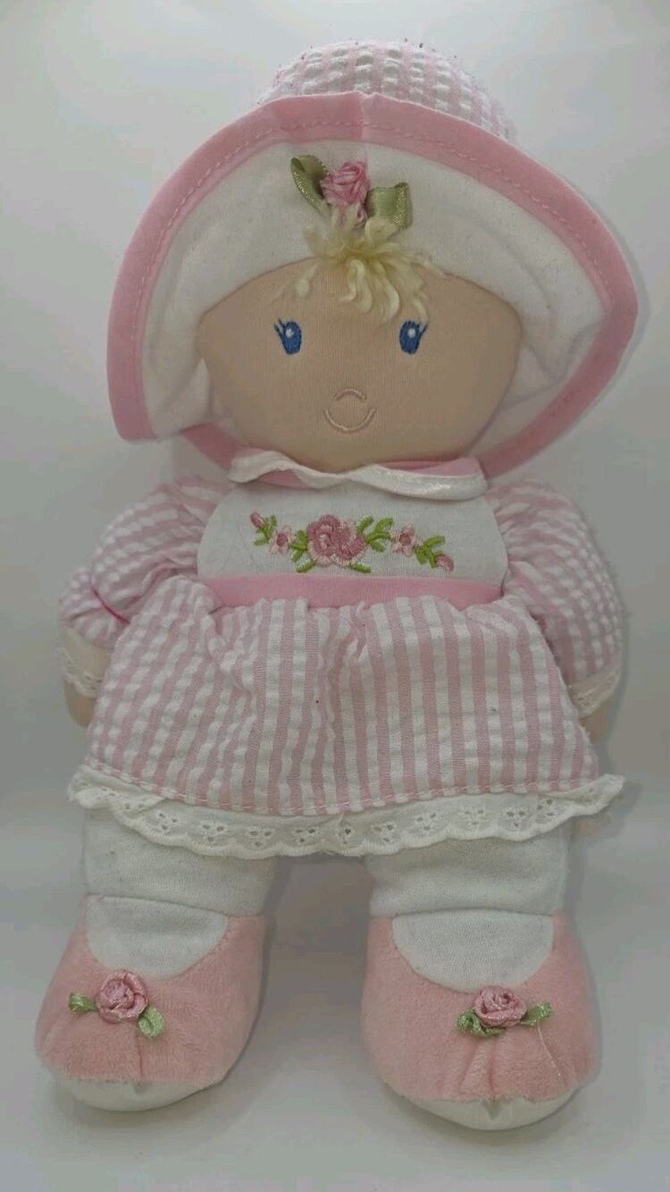 Kids Preferred 12" Soft Baby Doll Striped Dress Pink Floral & Eyelet Lovey Toy
